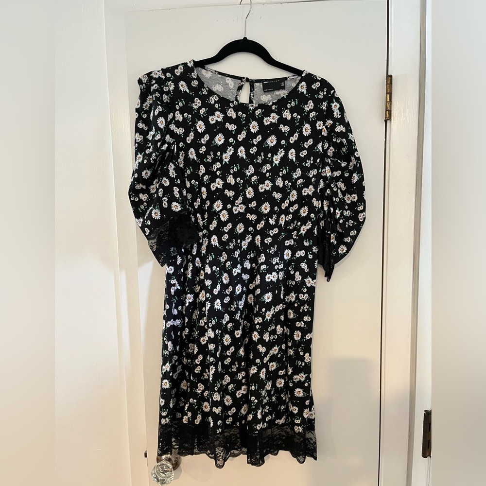 Black Floral Midi Dress with Puff Sleeves